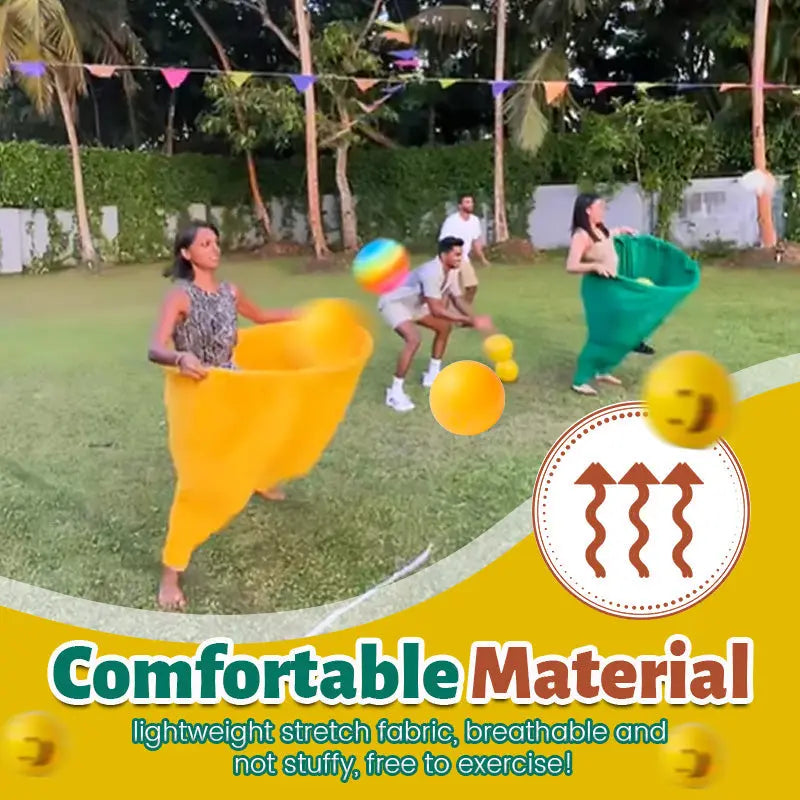 Outdoor catching game with giant pants for group fun