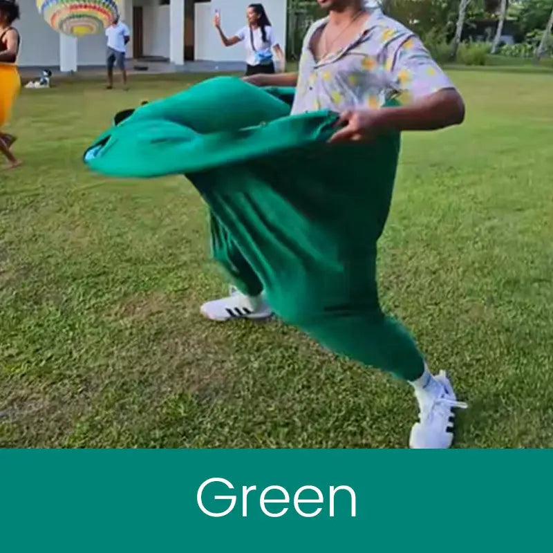 Outdoor catching game with giant pants for group fun