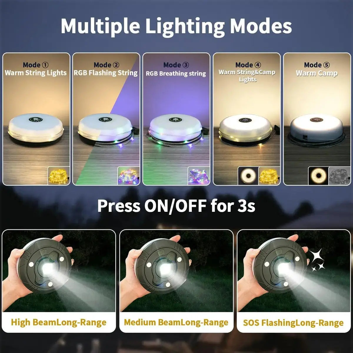 4-in-1 camping lamp with USB – fairy lights, lantern & power bank for outdoor adventures