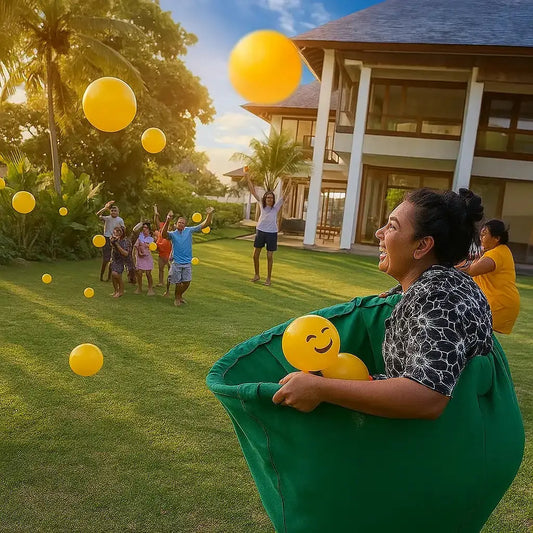 Outdoor catching game with giant pants for group fun